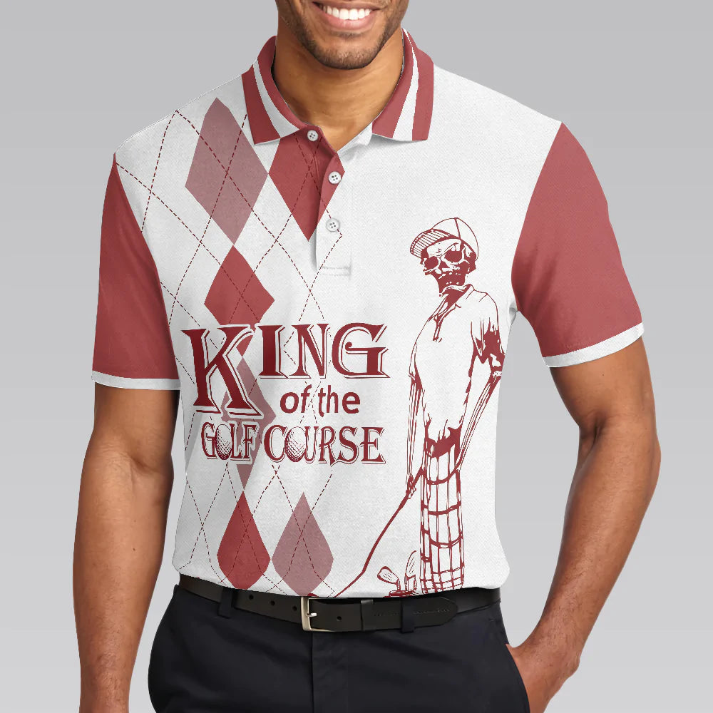 Red Argyle Pattern Skeleton Golfer Men Polo Shirt, King Of The Golf Course Golf Polo Shirt, Best Golf Shirt For Male