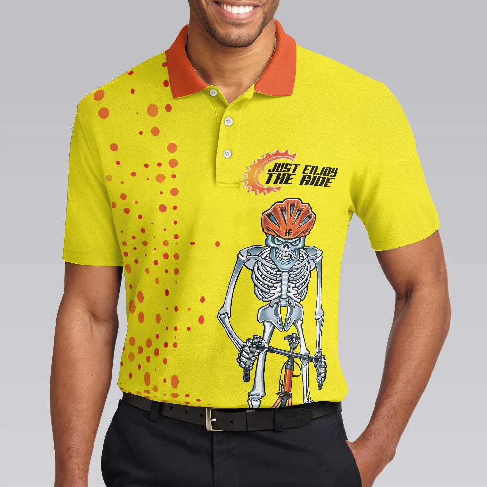 Just Enjoy The Ride Short Sleeve Men Polo Shirt, Yellow Skeleton Cyclist Polo Shirt, Best Cycling Shirt For Men