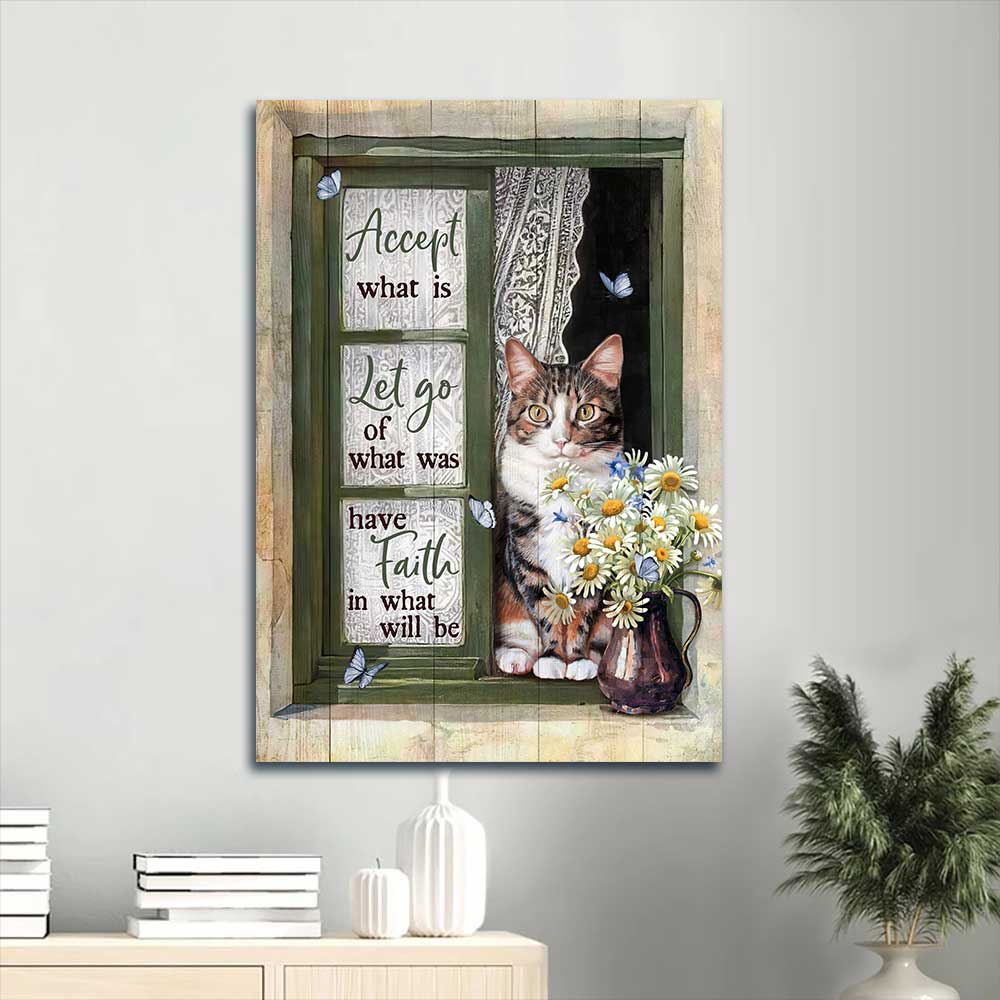 Jesus Portrait Canvas - Angry cat, Daisy vase, Green window Portrait Canvas - Gift For Christian - Accept what is let go