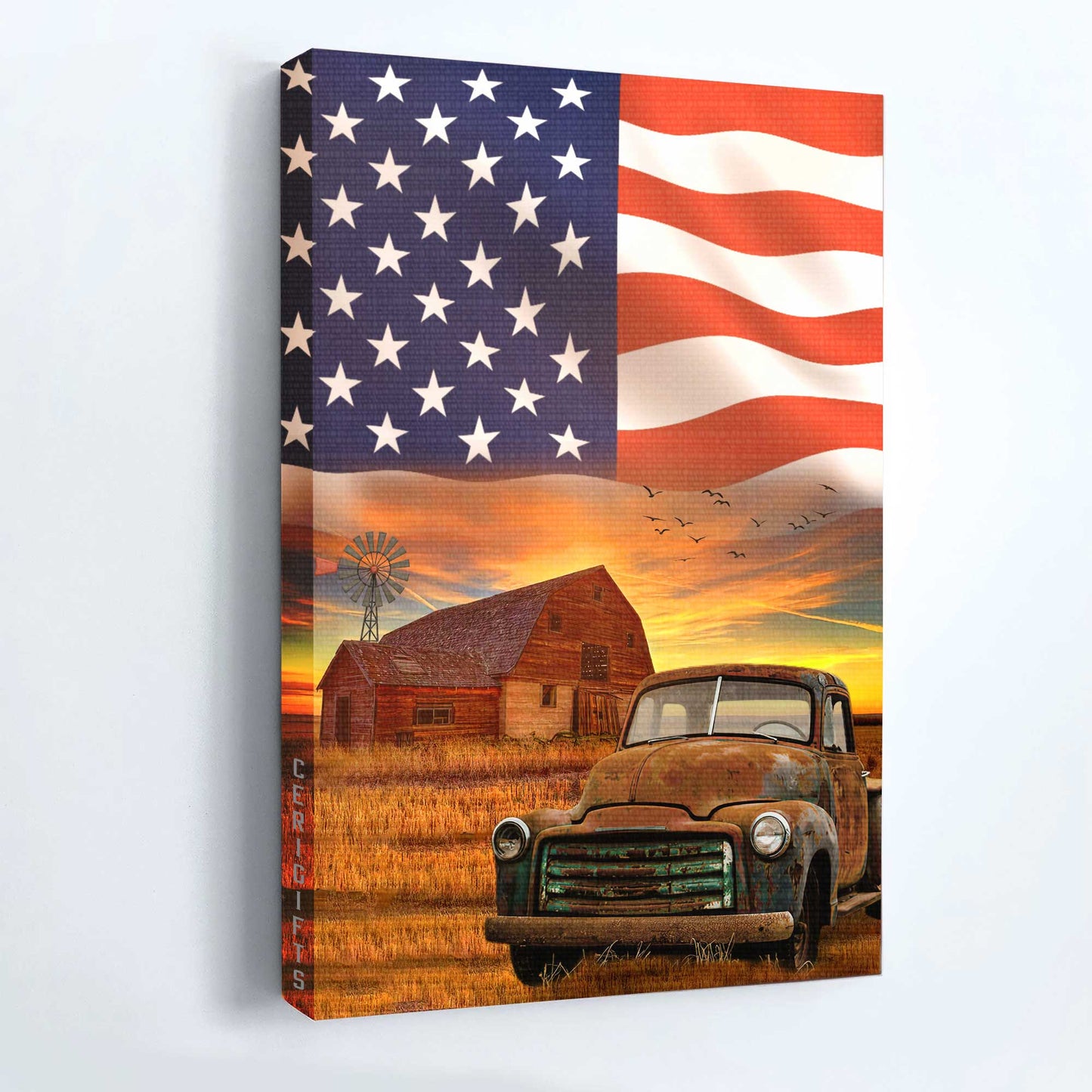 Jesus Portrait Canvas - Antique Ladybug Car, Rice Field, Big Us Flag, Old Barn Portrait Canvas - Gift For Christian