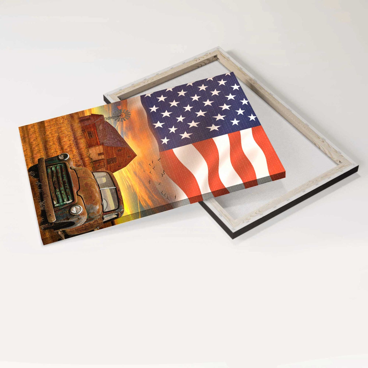 Jesus Portrait Canvas - Antique Ladybug Car, Rice Field, Big Us Flag, Old Barn Portrait Canvas - Gift For Christian
