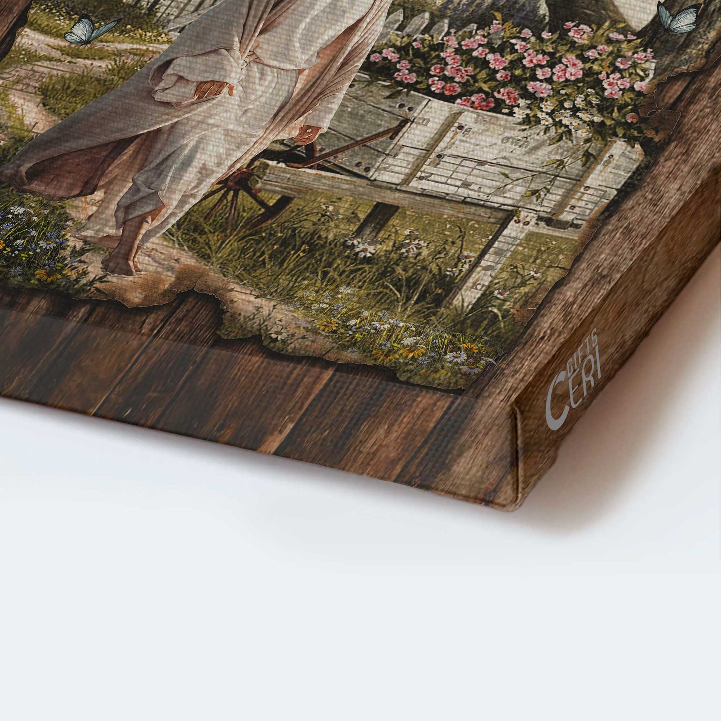Jesus Portrait Canvas - Antique music sheet, Walking with Jesus, Pretty flower garden Portrait Canvas - Gift For Christian - Just breathe