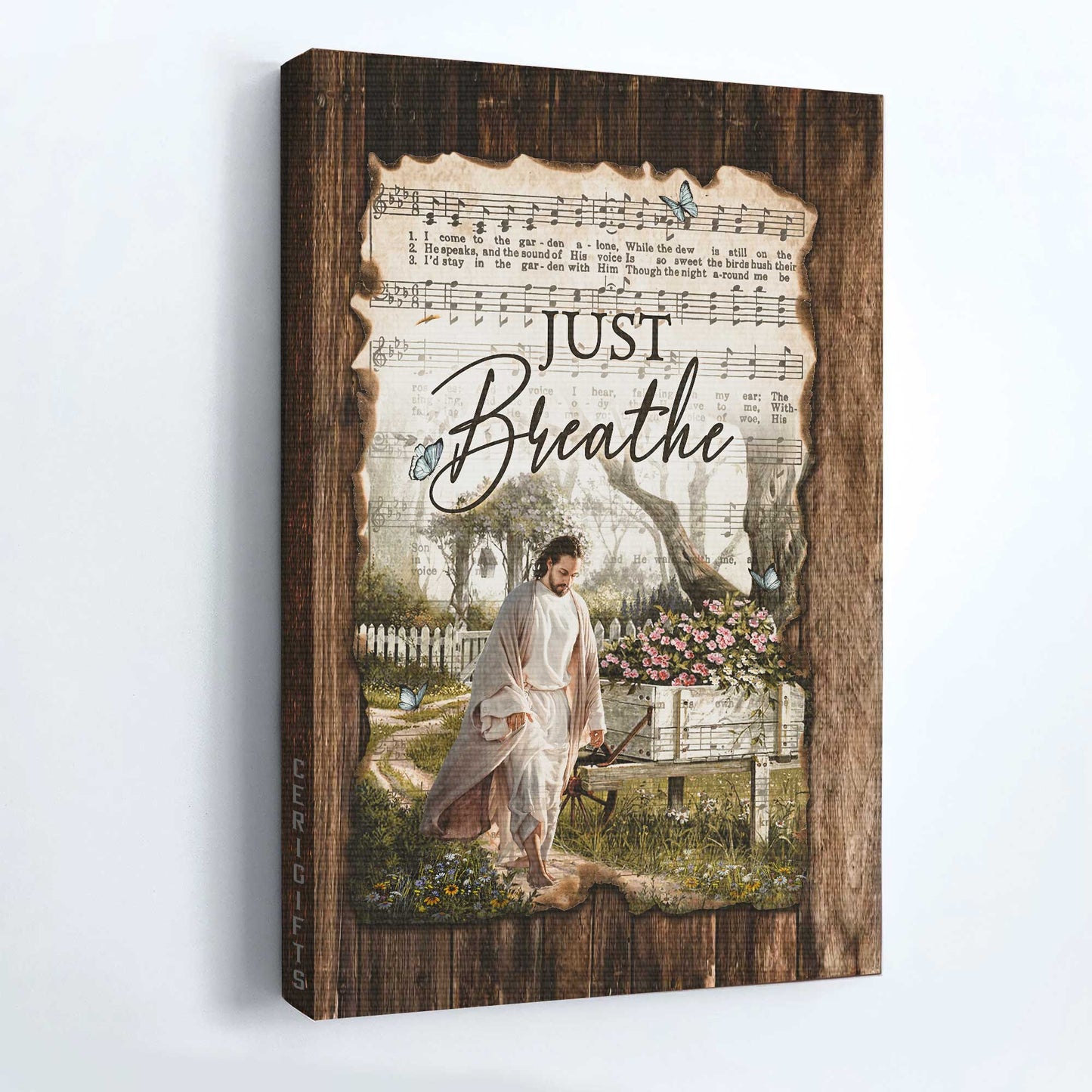 Jesus Portrait Canvas - Antique music sheet, Walking with Jesus, Pretty flower garden Portrait Canvas - Gift For Christian - Just breathe