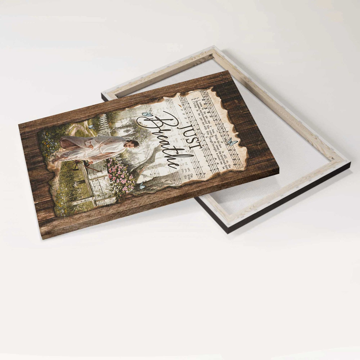 Jesus Portrait Canvas - Antique music sheet, Walking with Jesus, Pretty flower garden Portrait Canvas - Gift For Christian - Just breathe