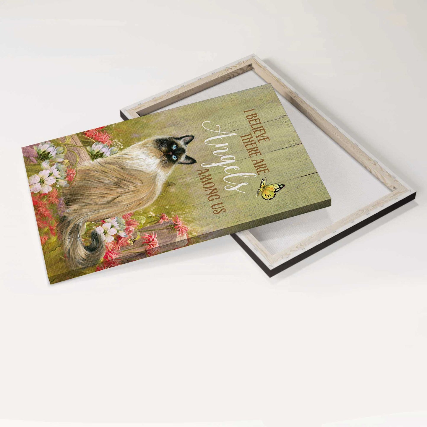 Jesus Portrait Canvas - Beautiful Cat, Pink Flower Garden Portrait Canvas - Gift For Christian - I Believe There Are Angels Among Us