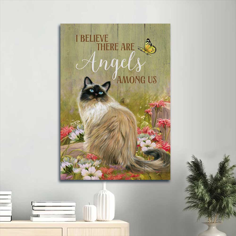 Jesus Portrait Canvas - Beautiful Cat, Pink Flower Garden Portrait Canvas - Gift For Christian - I Believe There Are Angels Among Us