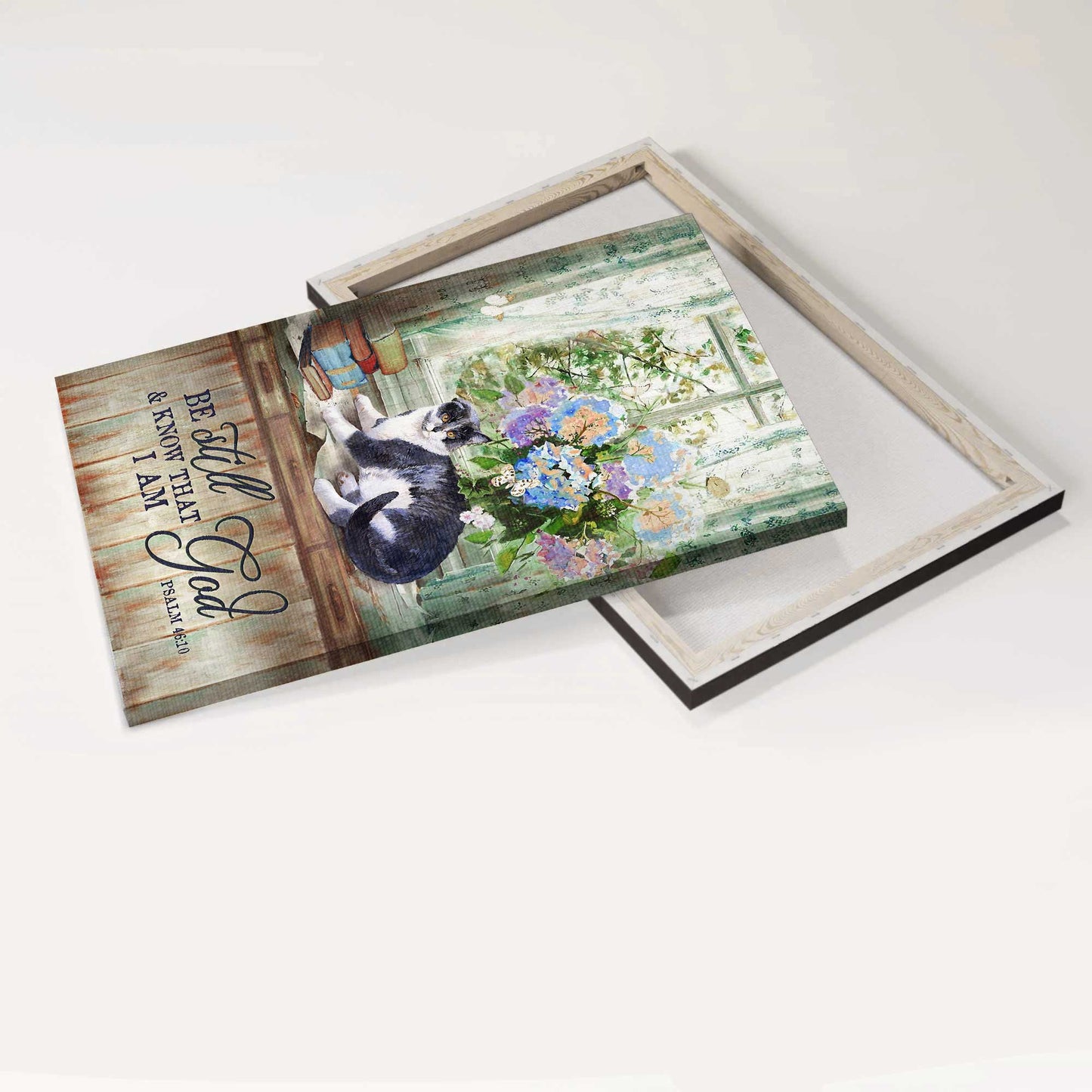 Jesus Portrait Canvas - Beautiful cat drawing, Hydrangea vase, Book Portrait Canvas - Gift For Christian - Be still and know that I am God