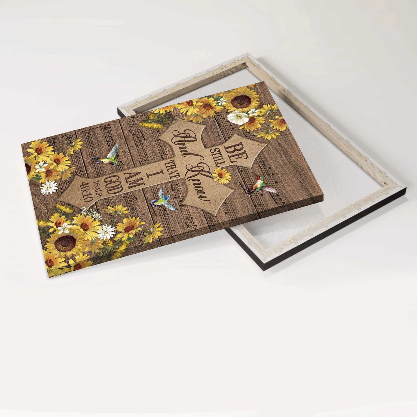 Jesus Portrait Canvas - Beautiful cross, Yellow daisy frame, Hummingbird Portrait Canvas - Gift For Christian - Be still and know that I am God