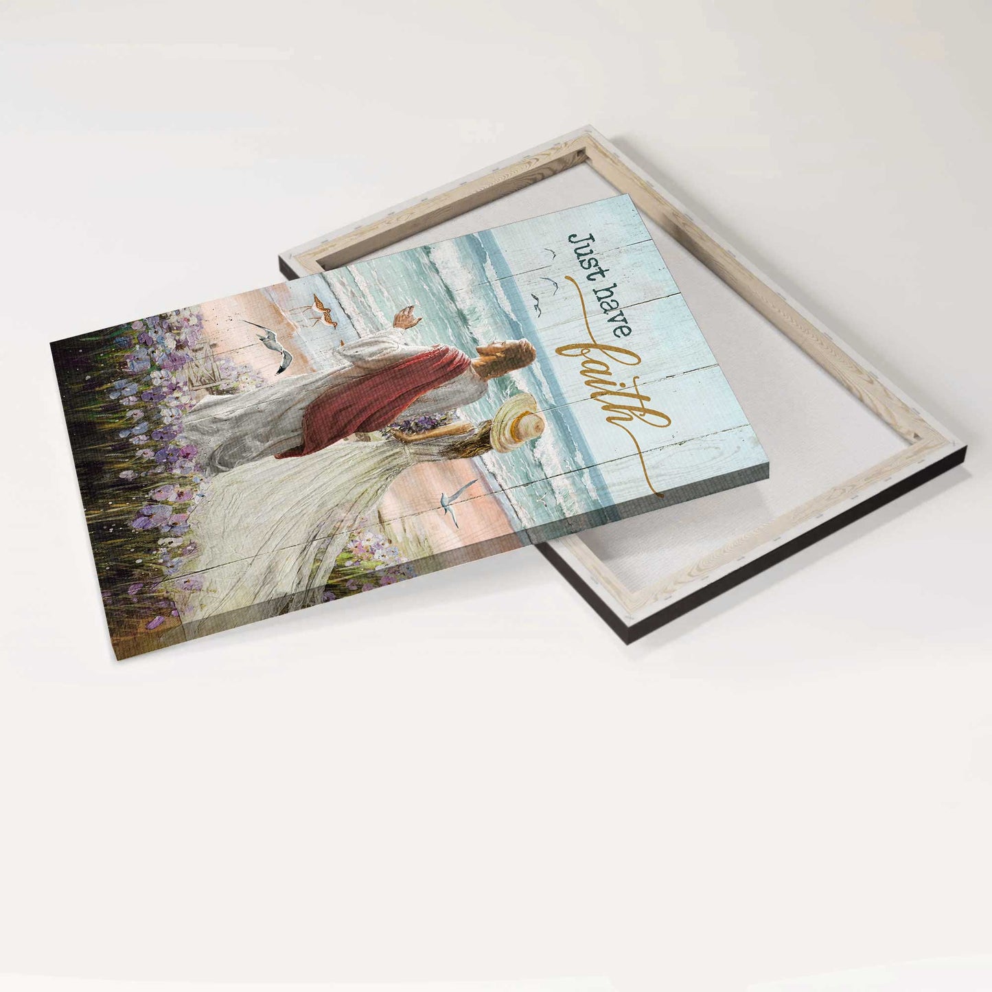 Jesus Portrait Canvas - Beautiful girl, Walk with Jesus, Blue ocean canvas- Gift for Christian- Just have faith