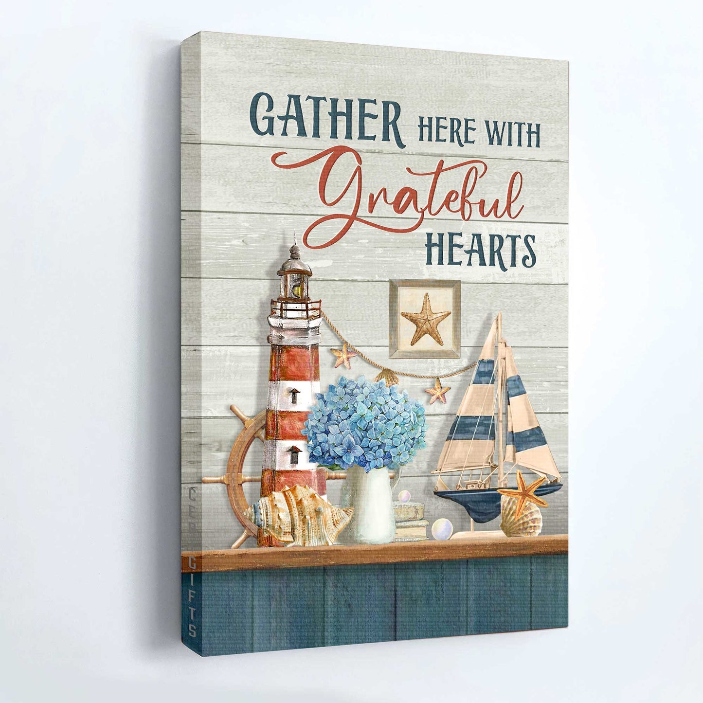 Jesus Portrait Canvas - Beautiful lighthouse, Blue hydrangea, Beach symbol Portrait Canvas - Gift For Christian - Gather here with grateful hearts
