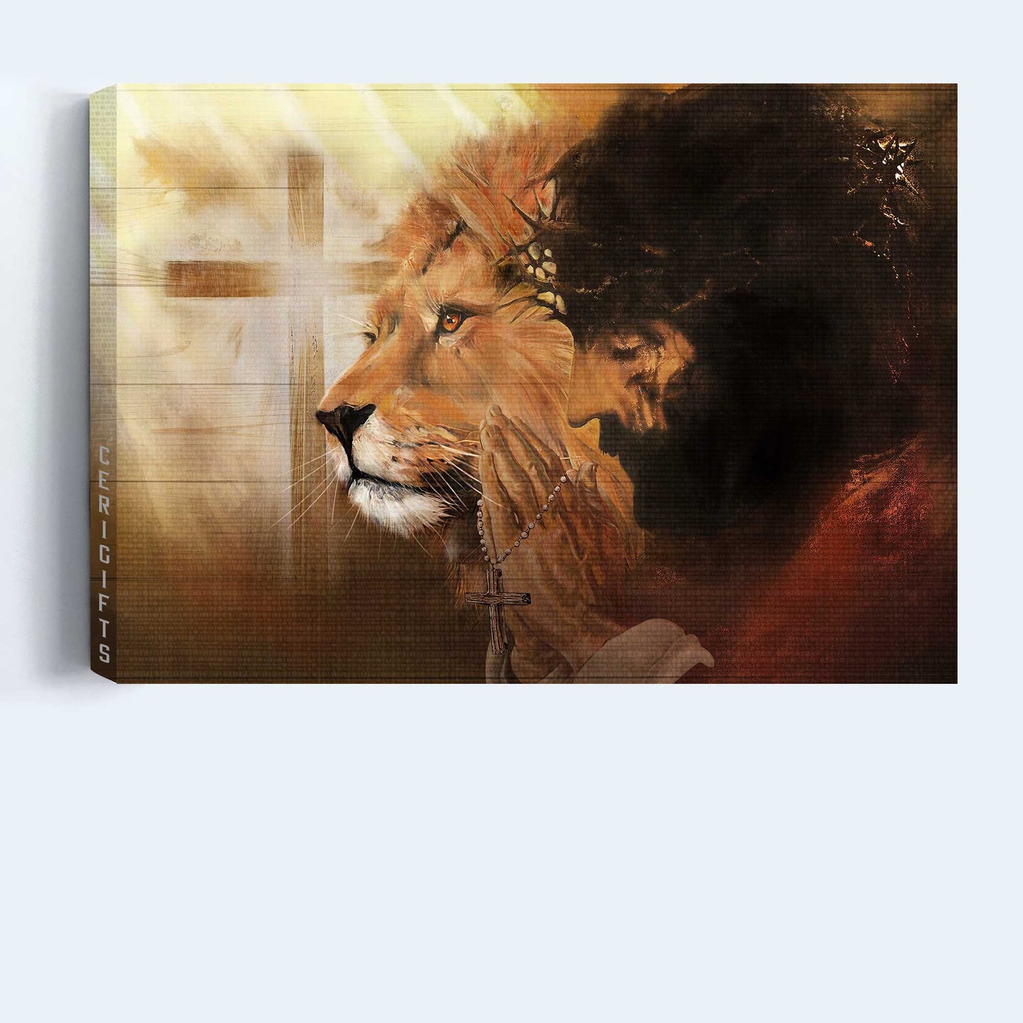 Jesus Landscape Canvas - Beautiful lion, Real face of Jesus, Cross symbol, Pray for healing Landscape Canvas - Gift For Christian