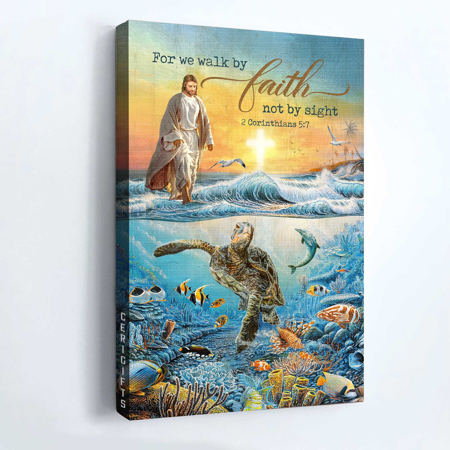 Jesus Portrait Canvas - Beautiful ocean, Oldest turtle, Jesus walking on water Portrait Canvas - Gift For Christian - For we walk by faith
