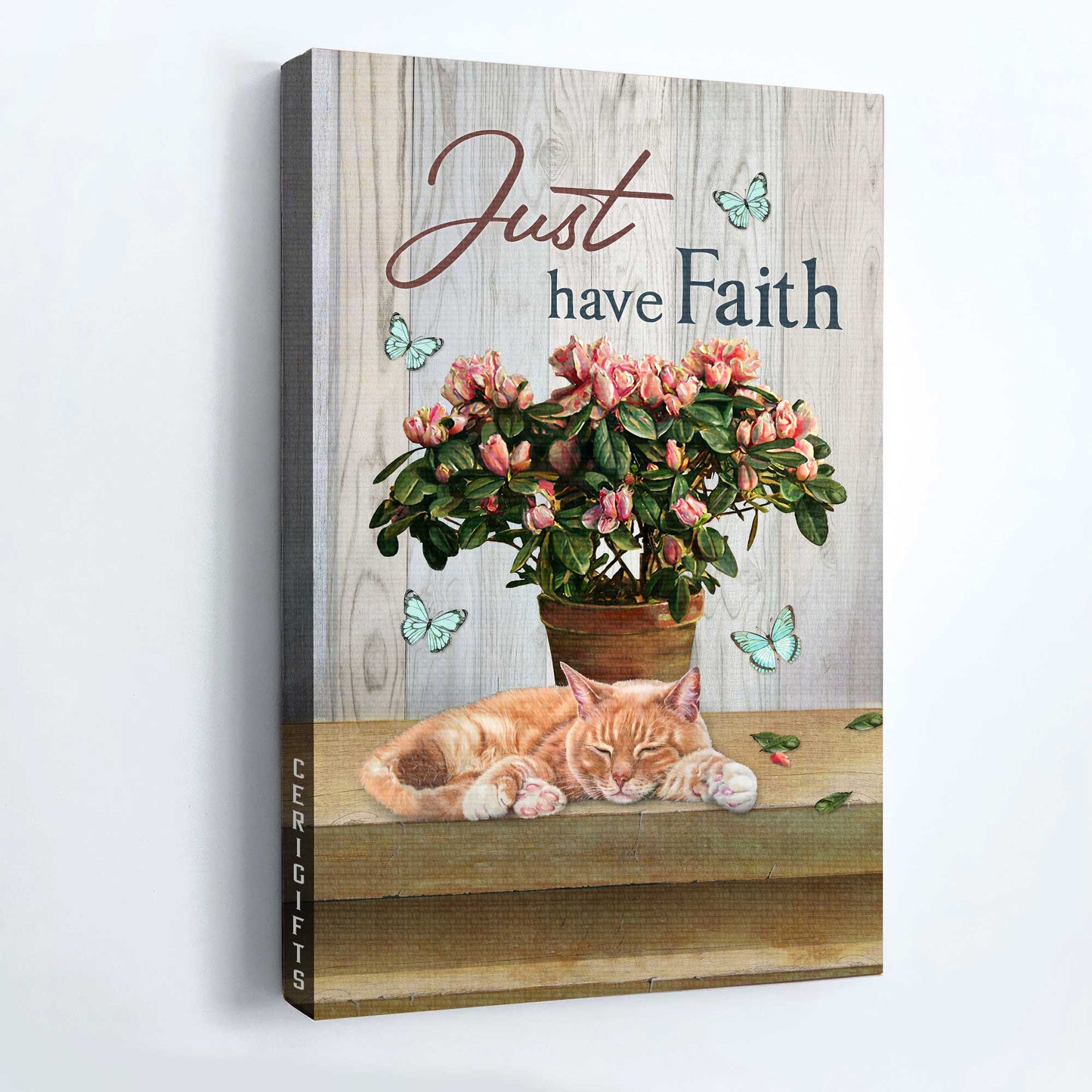 Jesus Portrait Canvas - Beautiful pink flower, Sleeping cat, Pretty butterfly Portrait Canvas - Gift For Christian - Just have faith
