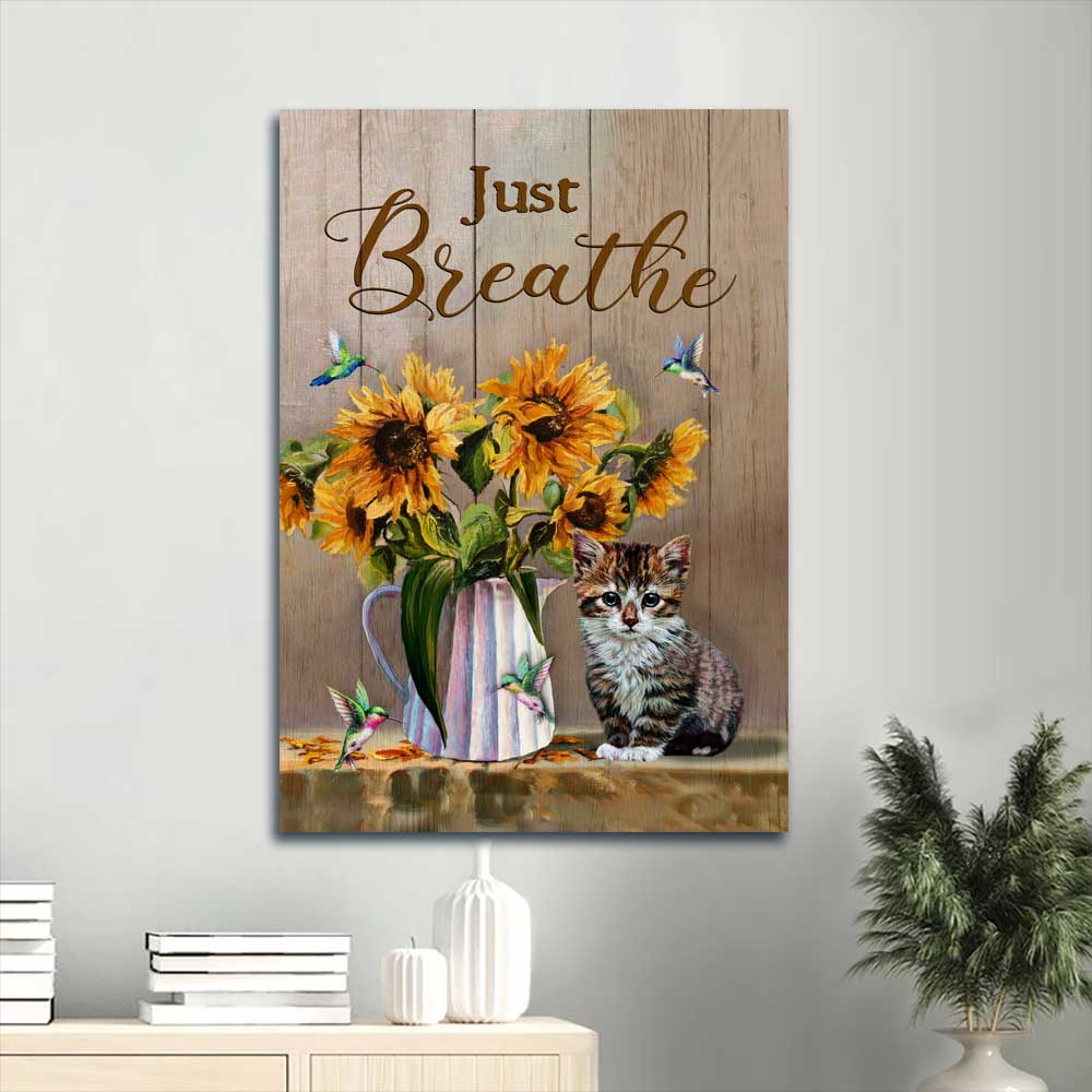 Jesus Portrait Canvas - Beautiful sunflower vase, Little cat, Hummingbird artwork Portrait Canvas - Gift For Christian - Just breathe