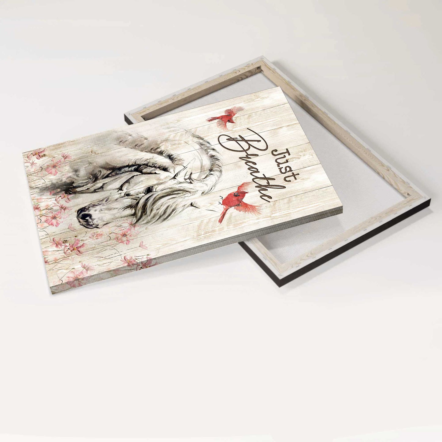 Jesus Portrait Canvas - Beautiful white horse, Red cardinal, Pink flower garden Portrait Canvas - Gift For Christian - Just breathe