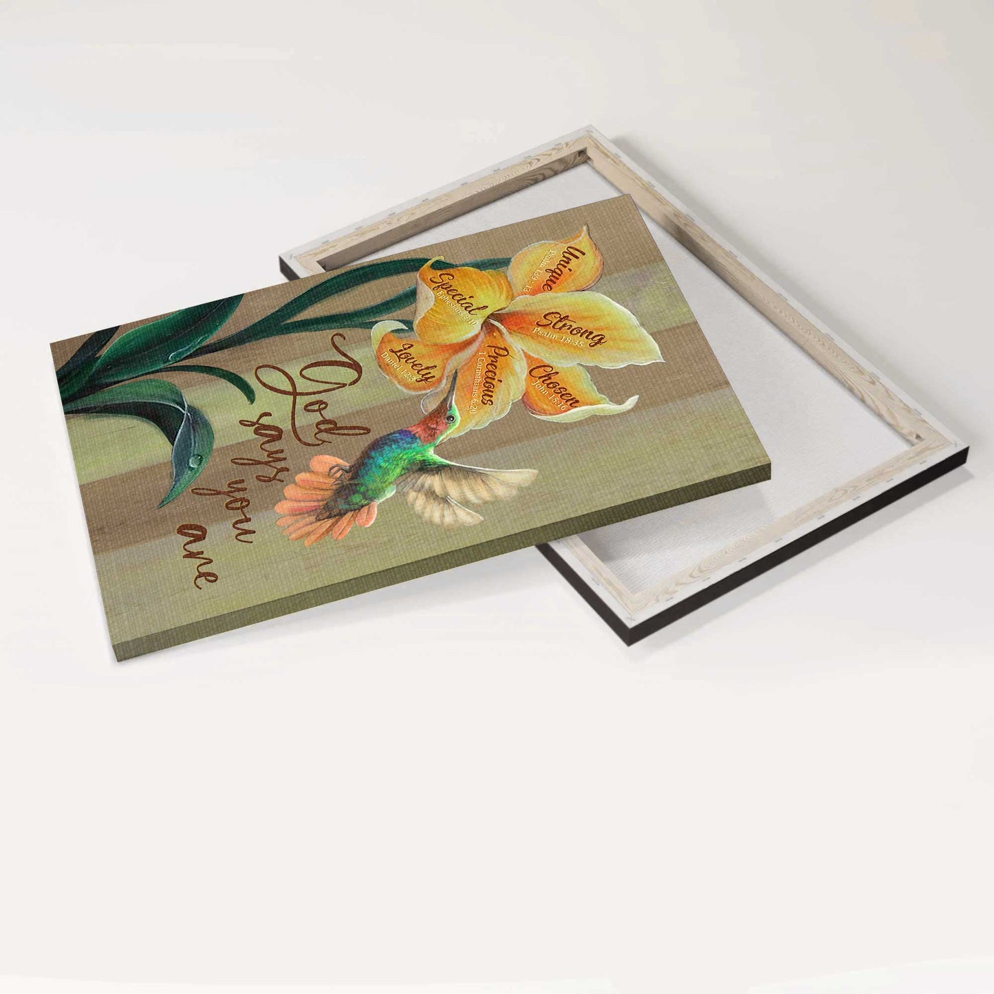 Jesus Portrait Canvas - Beautiful yellow lily, Colorful hummingbird Portrait Canvas - Gift For Christian - God says you are unique