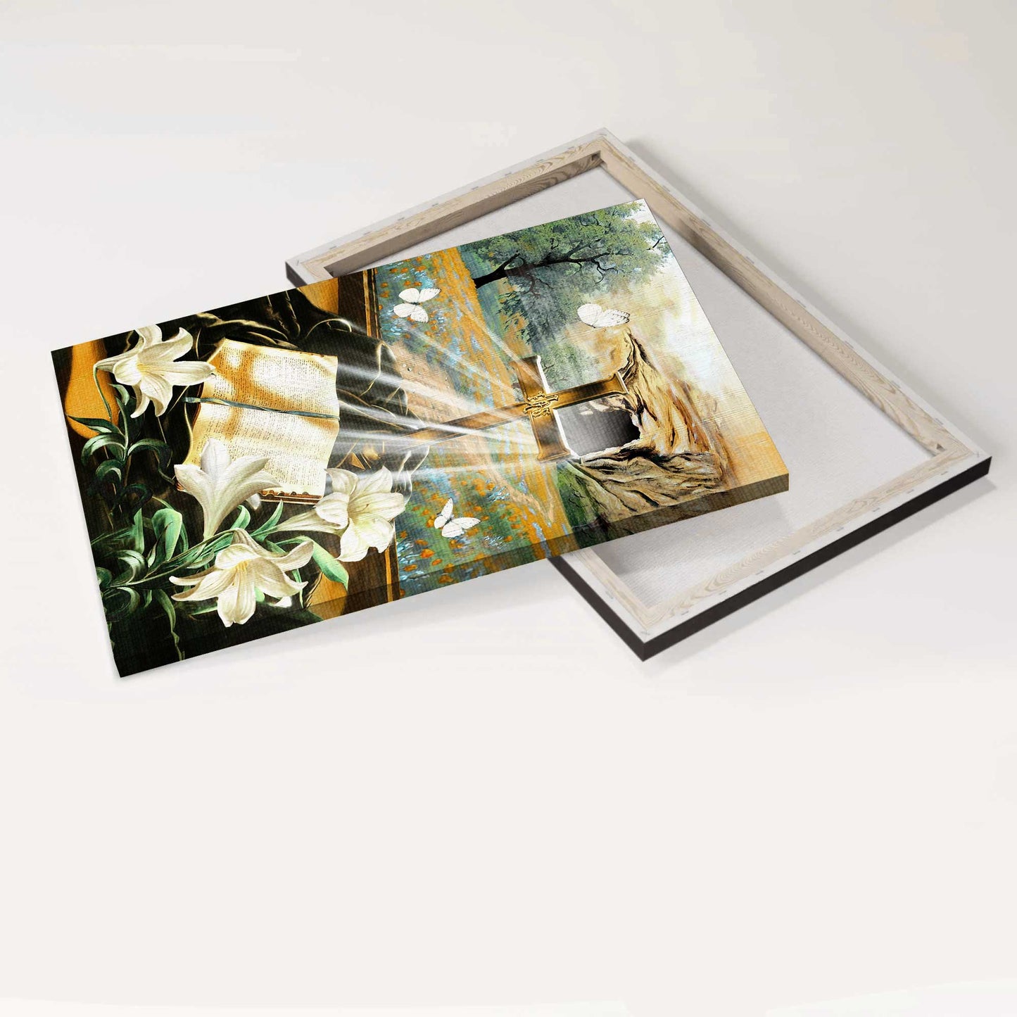 Jesus Portrait Canvas - Bible book, Lily flowers, Golden cross, White butterfly Portrait Canvas - Gift For Christian