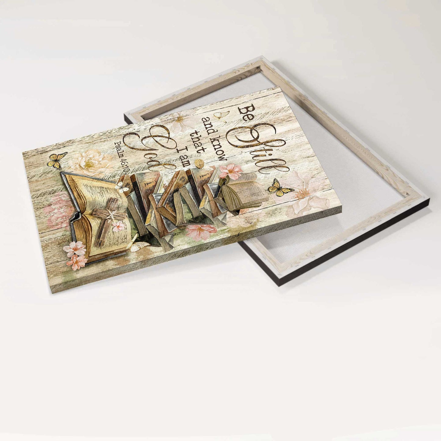 Jesus Portrait Canvas - Bible books, Old rugged cross, Camelia flowers Portrait Canvas - Gift For Christian - Be still I am God Portrait Canvas