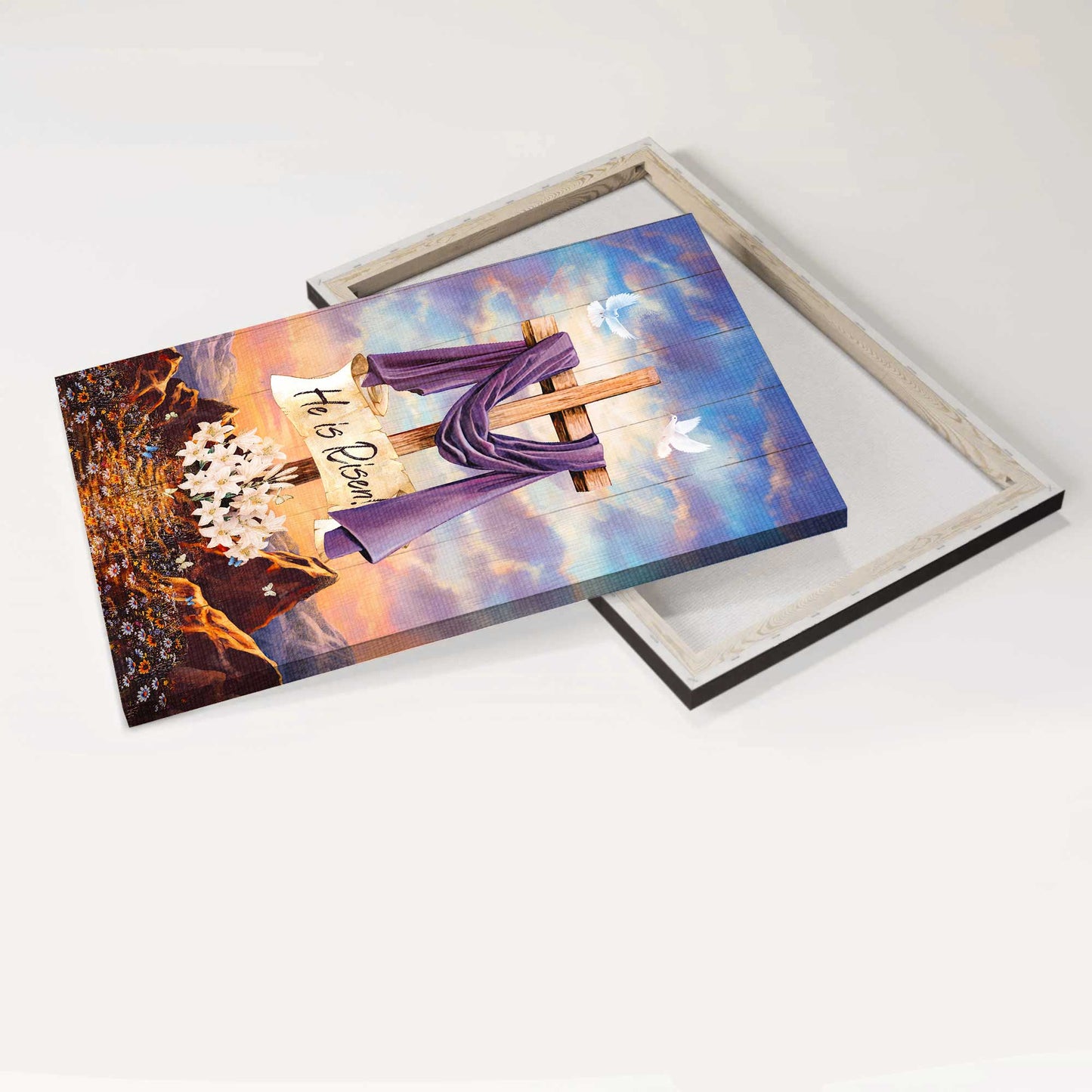 Jesus Portrait Canvas - Big cross, Purple ribbon, Lily flower drawing, White dove Portrait Canvas - Gift For Christian - He is risen Portrait Canvas