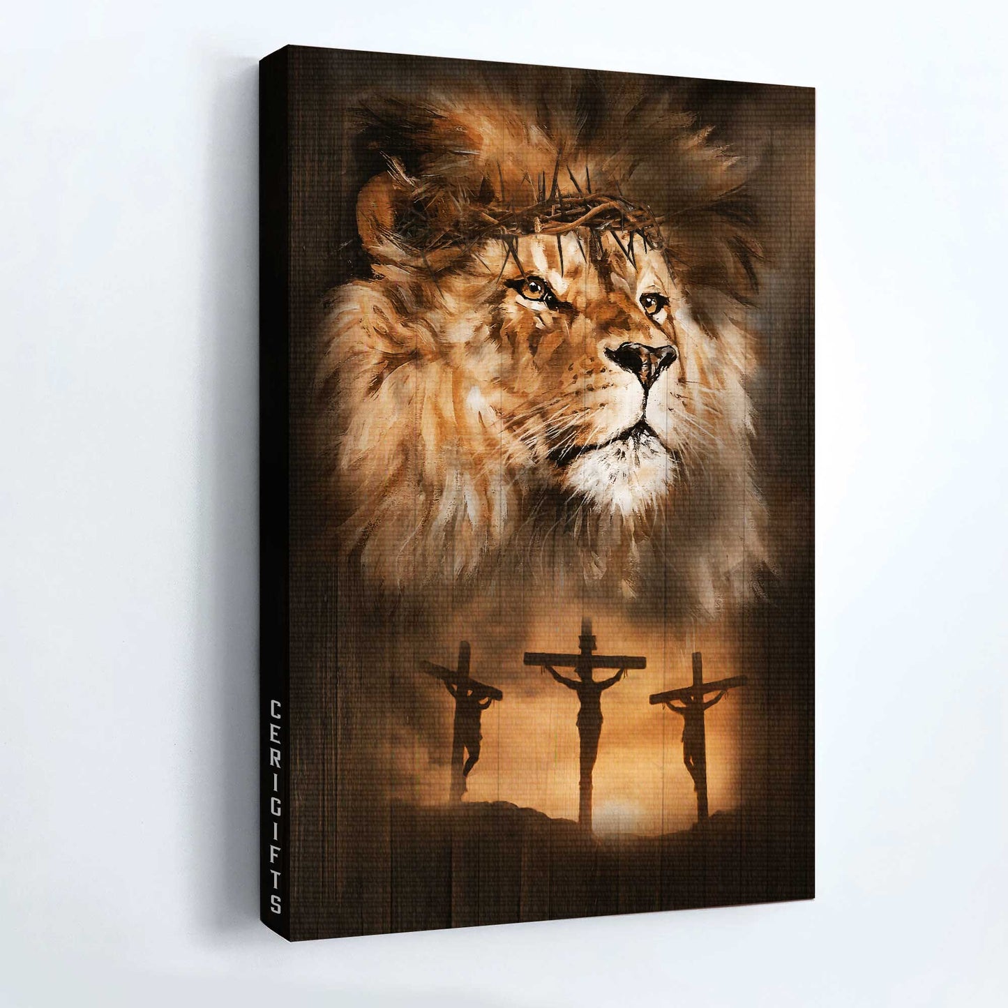 Jesus Portrait Canvas - Big lion drawing, Crown of thorn, Jesus painting, Orange sunset Portrait Canvas - Gift For Christian - Portrait Canvas