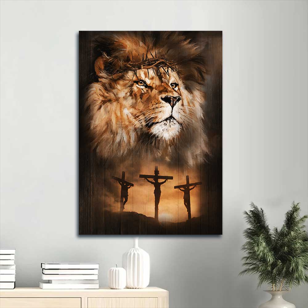Jesus Portrait Canvas - Big lion drawing, Crown of thorn, Jesus painting, Orange sunset Portrait Canvas - Gift For Christian - Portrait Canvas