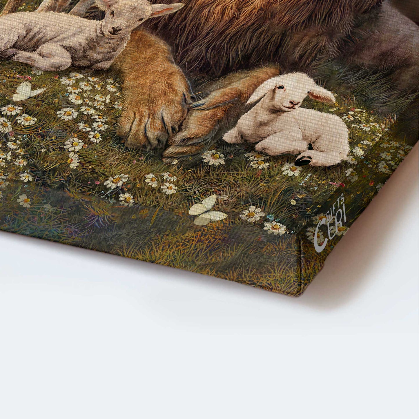 Jesus Portrait Canvas - Big lion drawing, Little lamb artwork, Beautiful US Canvas, Daisy garden Portrait Canvas - Gift For Christian - Portrait Canvas