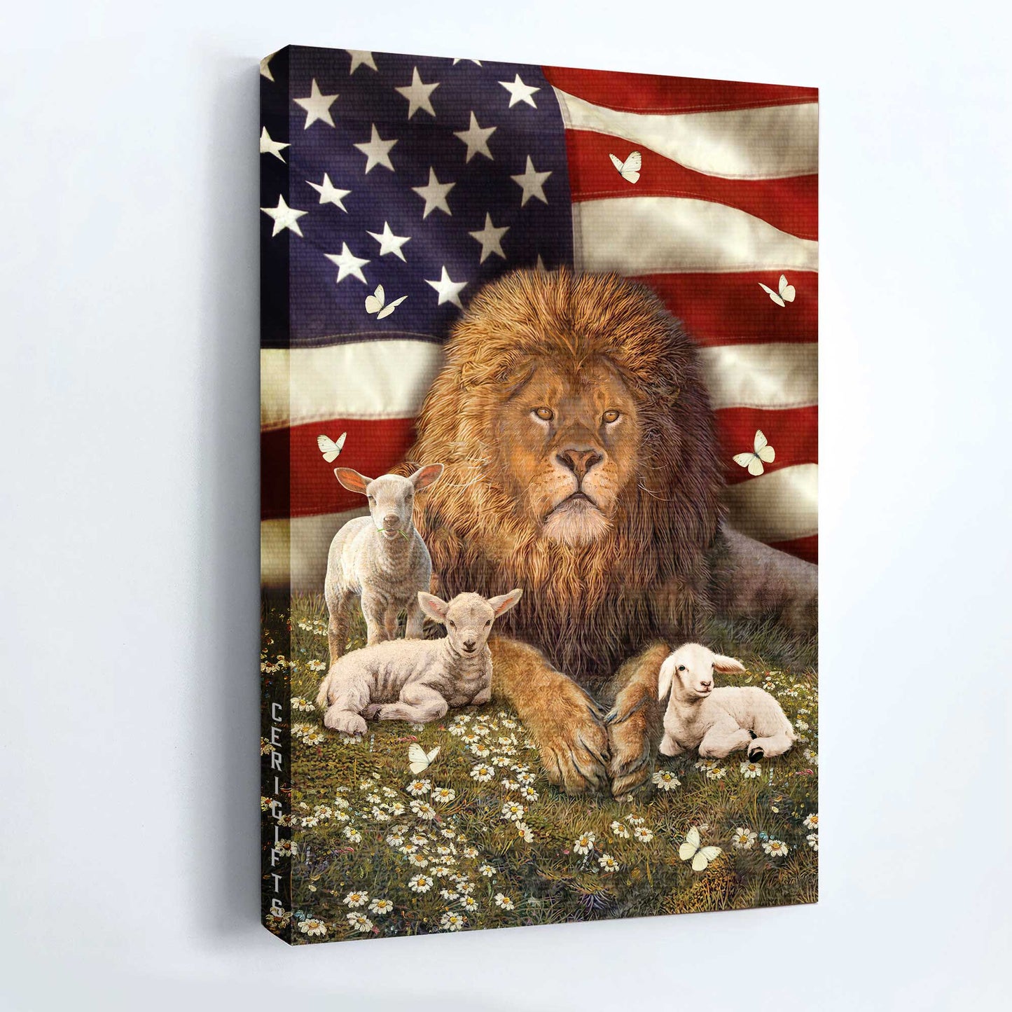 Jesus Portrait Canvas - Big lion drawing, Little lamb artwork, Beautiful US Canvas, Daisy garden Portrait Canvas - Gift For Christian - Portrait Canvas
