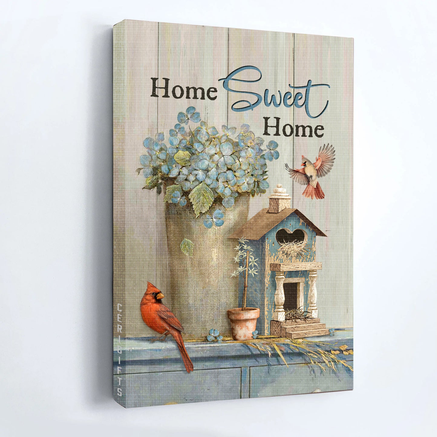 Jesus Portrait Canvas - Blue Hydrangea, Red Cardinals, Wooden Birdcage Portrait Canvas - Gift For Christian - Home Sweet Home Portrait Canvas