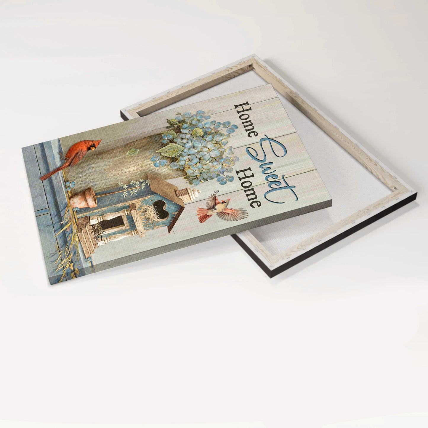 Jesus Portrait Canvas - Blue Hydrangea, Red Cardinals, Wooden Birdcage Portrait Canvas - Gift For Christian - Home Sweet Home Portrait Canvas