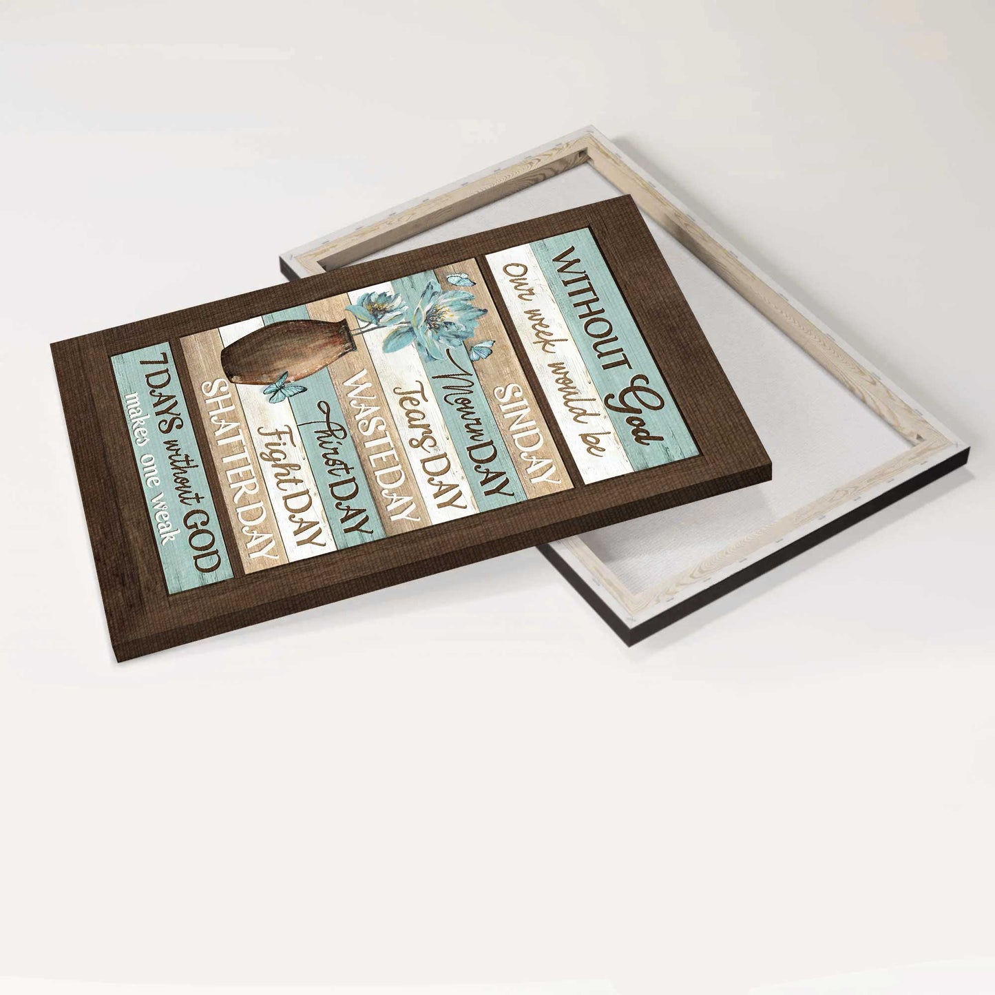 Jesus Portrait Canvas - Blue flower painting, Pretty butterfly, Ceramic vase Portrait Canvas - Gift For Christian - Without God our week would be sin day Portrait Canvas