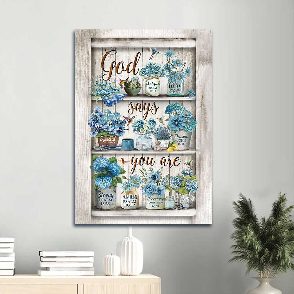 Jesus Portrait Canvas - Blue flower painting, Watercolor hummingbird, Flower garden Portrait Canvas - Gift For Christian - God says you are Portrait Canvas