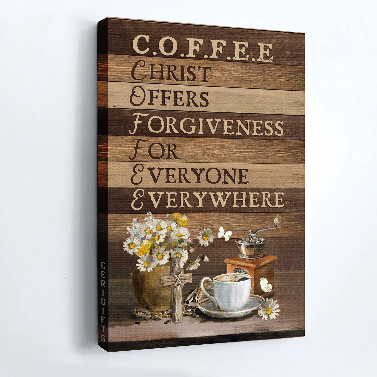 Jesus Portrait Canvas - Coffee Cup, White Daisy, Wooden Cross Portrait Canvas - Gift For Christian - Christ Offers Forgiveness For Everyone Everywhere Portrait Canvas