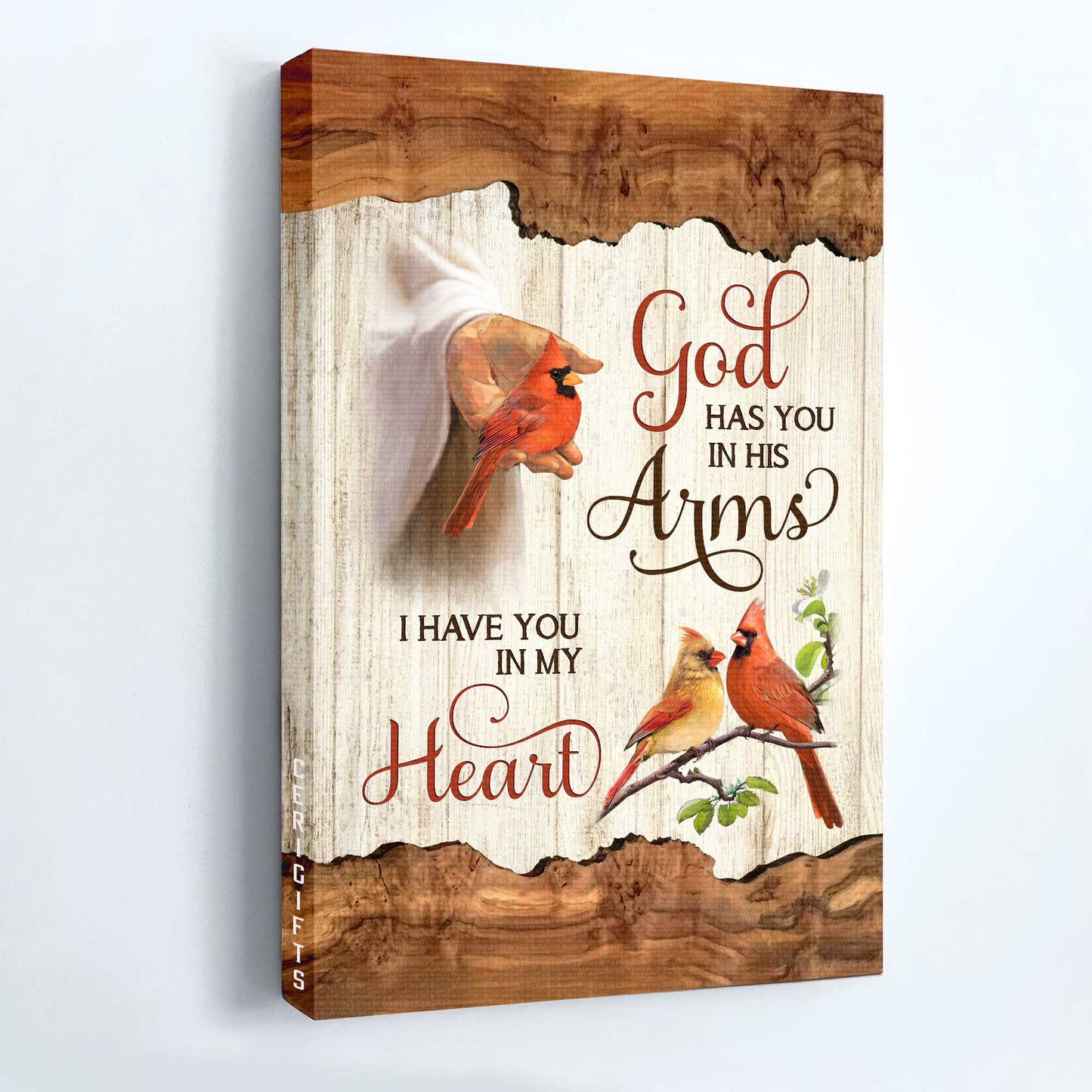 Jesus Portrait Canvas - Jesus hand, Red cardinal, Wooden frame Portrait Canvas - Gift For Christian - God has you in his arms, I have you in my heart Portrait Canvas