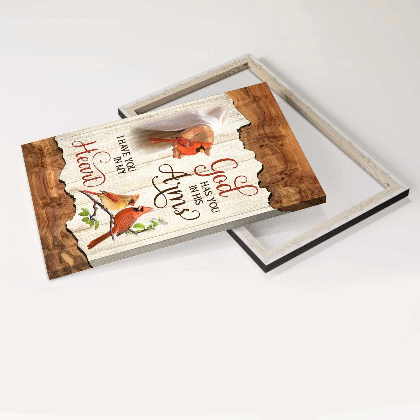 Jesus Portrait Canvas - Jesus hand, Red cardinal, Wooden frame Portrait Canvas - Gift For Christian - God has you in his arms, I have you in my heart Portrait Canvas