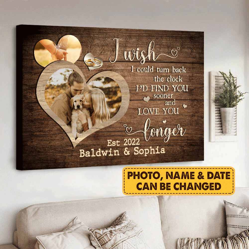 Couple Landscape Canvas - Personalized Couple Canvas - Custom Gift For Couple - Heart shape wooden background, I'd find you sooner and love you longer