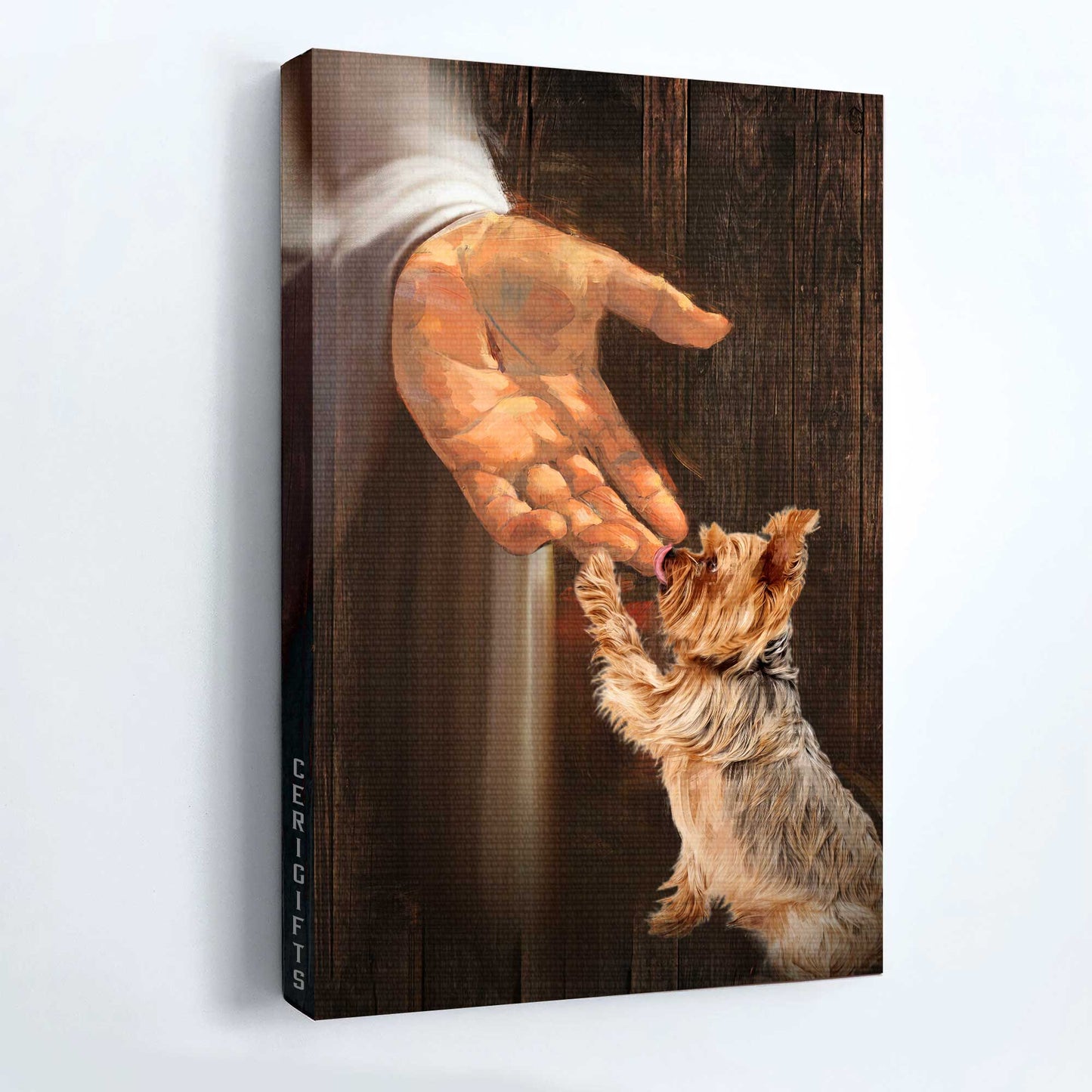 Jesus Portrait Canvas - Jesus hand, Yorkshire Terrier painting Portrait Canvas - Gift For Christian - In the hand of God Portrait Canvas