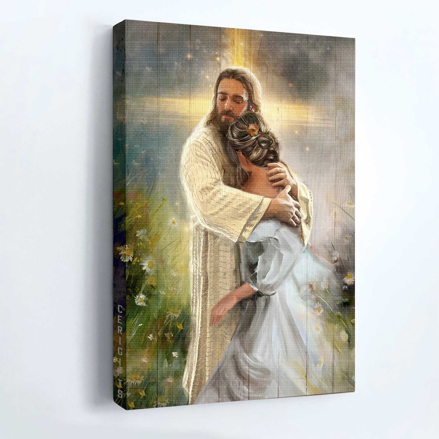 Jesus Portrait Canvas - Jesus hug, Daisy field, In the arms of God Portrait Canvas - Inspirational gift, Gift For Religious Christian