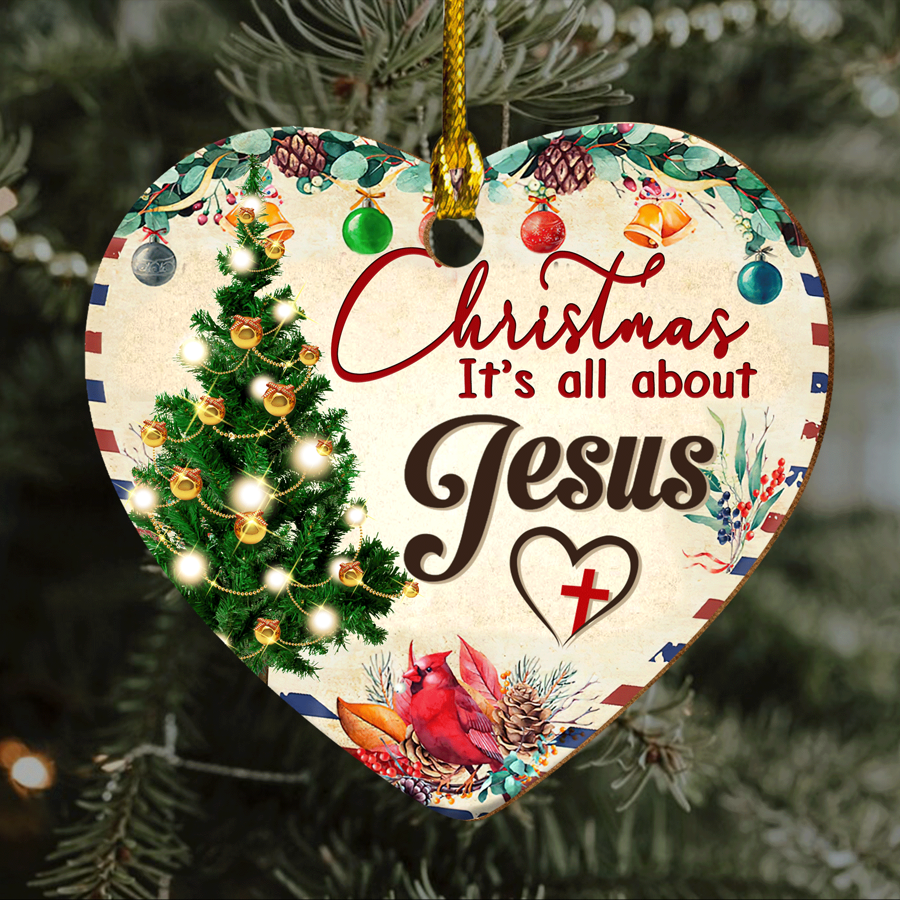 Jesus Heart Ceramic Ornament - Cardinal, Chrismas Tree, Cross Symbol, Christmas It's All About Jesus Ceramic Ornament Gifts For Religious Christian