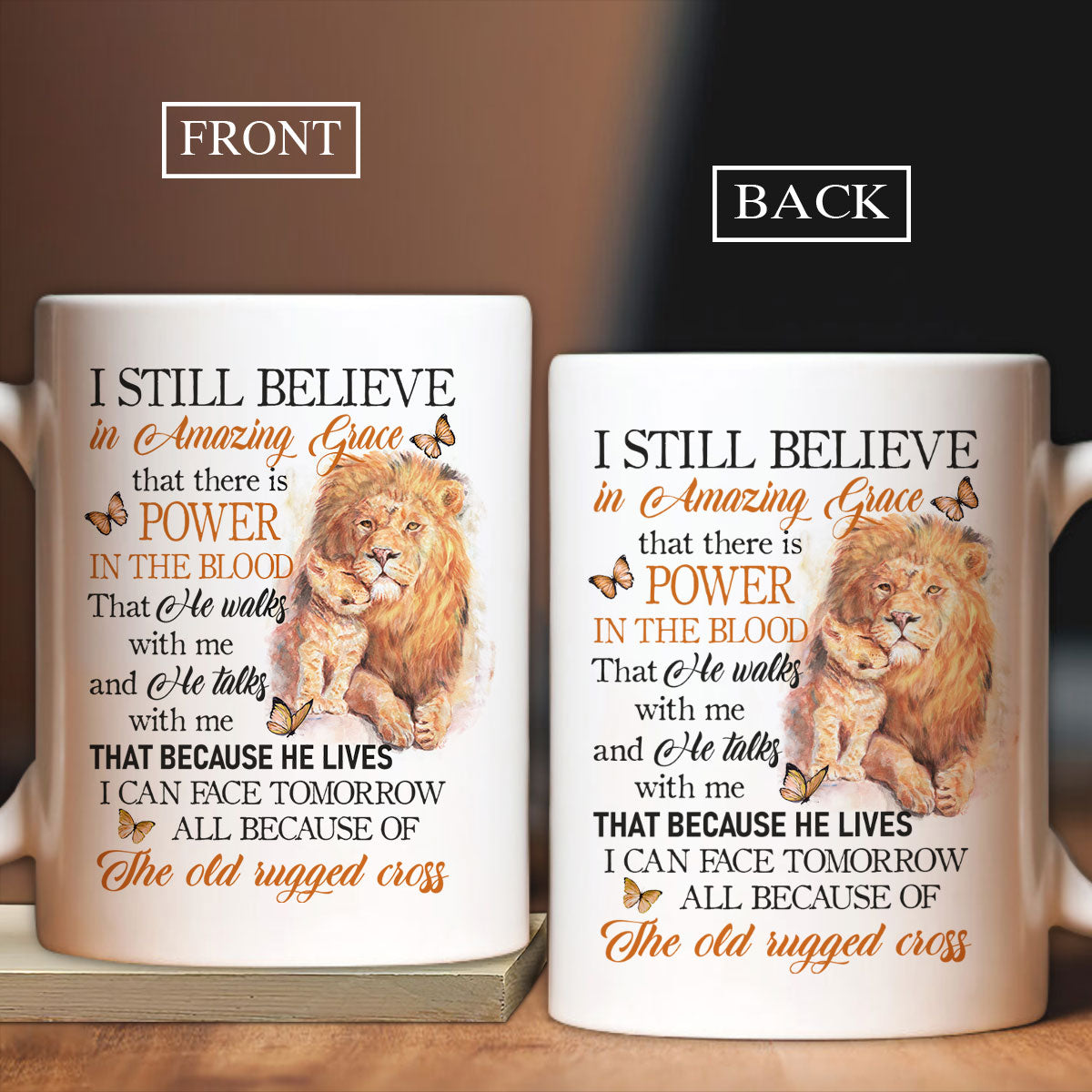 Jesus White Mug- Watercolor lion, Orange butterfly- Gift for Christian- I still believe in amazing grace - White Mug