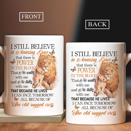 Jesus White Mug- Watercolor lion, Orange butterfly- Gift for Christian- I still believe in amazing grace - White Mug