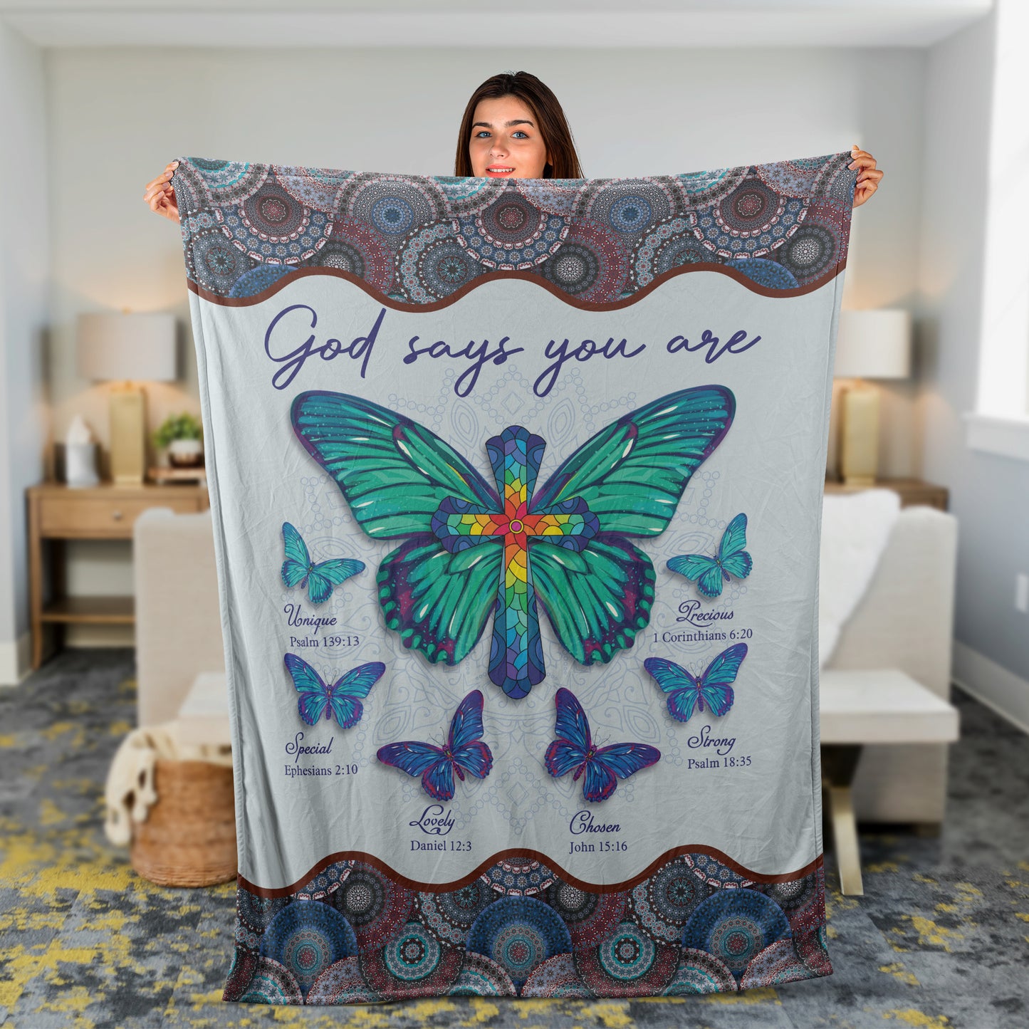 Christian Throw Blanket, Faith Blanket, Jesus Blanket, Inspirational Gift, Butterfly Cross Blanket - God Says You Are Unique Blanket