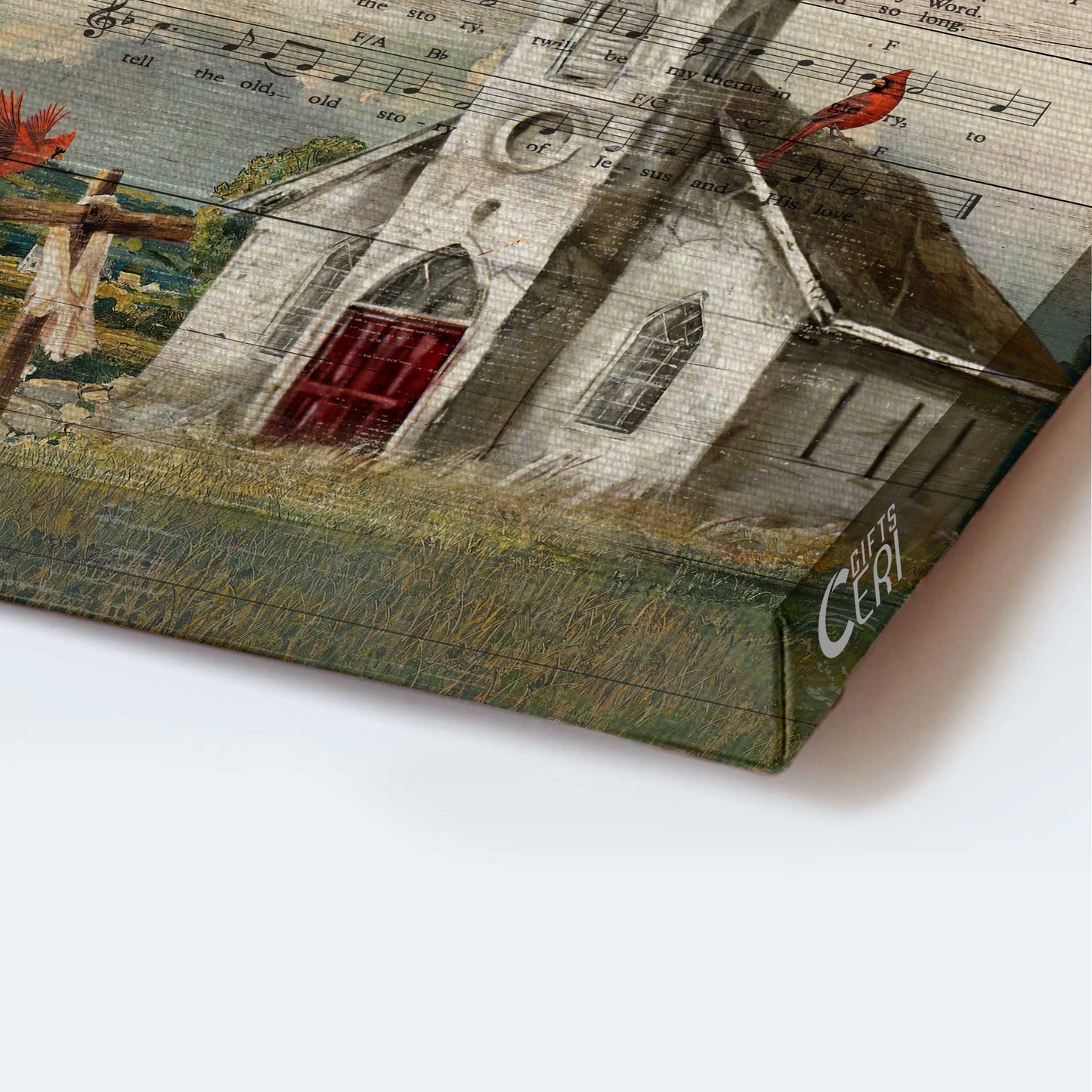 Jesus Portrait Canvas - Old church, Red cardinal, Wooden cross, Great song Portrait Canvas - Gift For Christian - I love to tell the story Portrait Canvas
