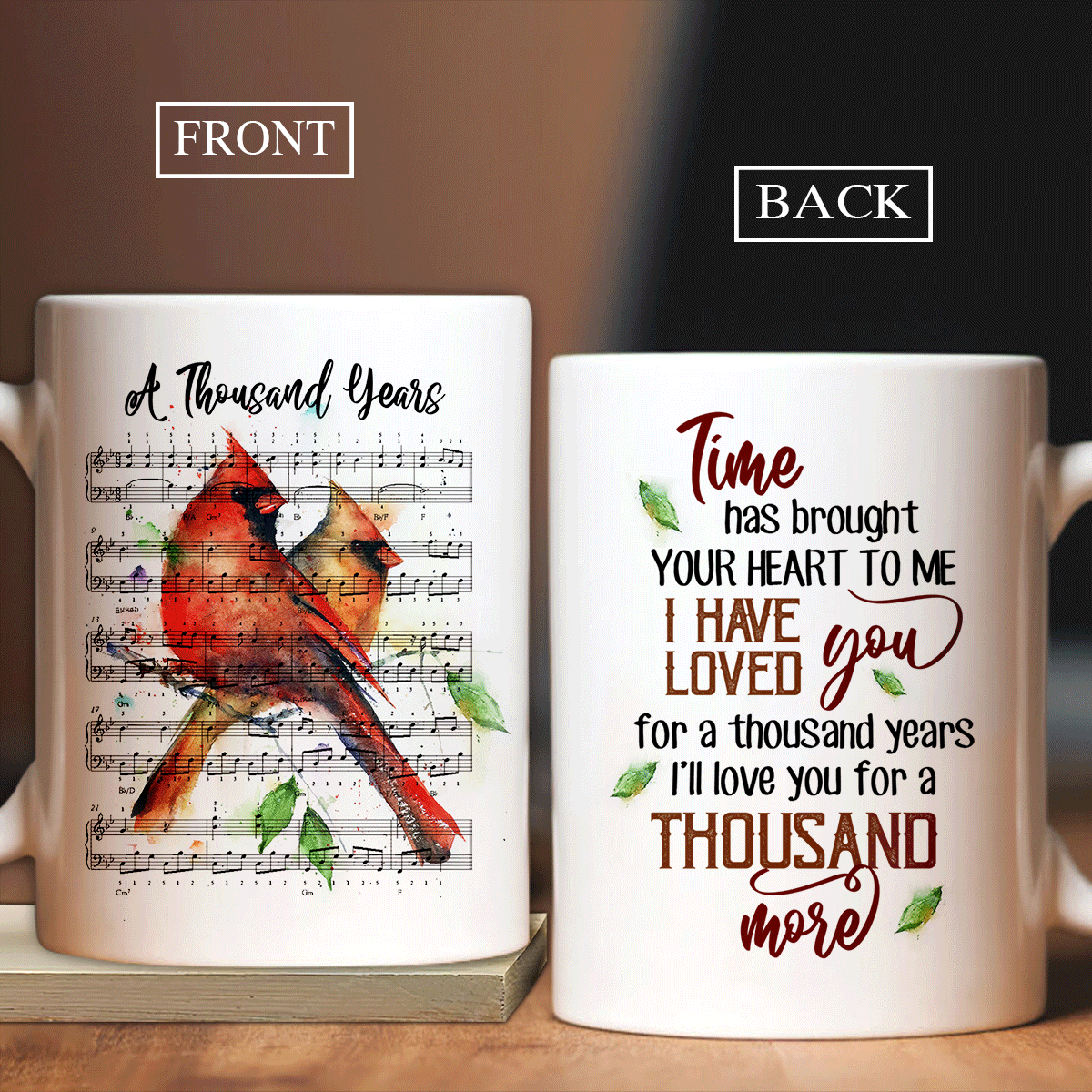 Couple White Mug - Anniversary, Valentine's Day Gift For Husband, Wife, Partner - Cardinal Mug, Sheet Music, I have loved you for a thousand years Mug