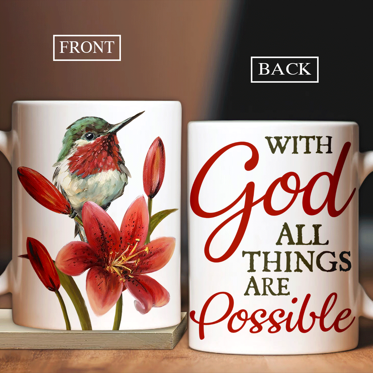Jesus Coffee White Mug - Christian Coffee Mug Gift For Women and Men - Hummingbird Mug, Red Lily Flower Mug, With God all things are possible Mug