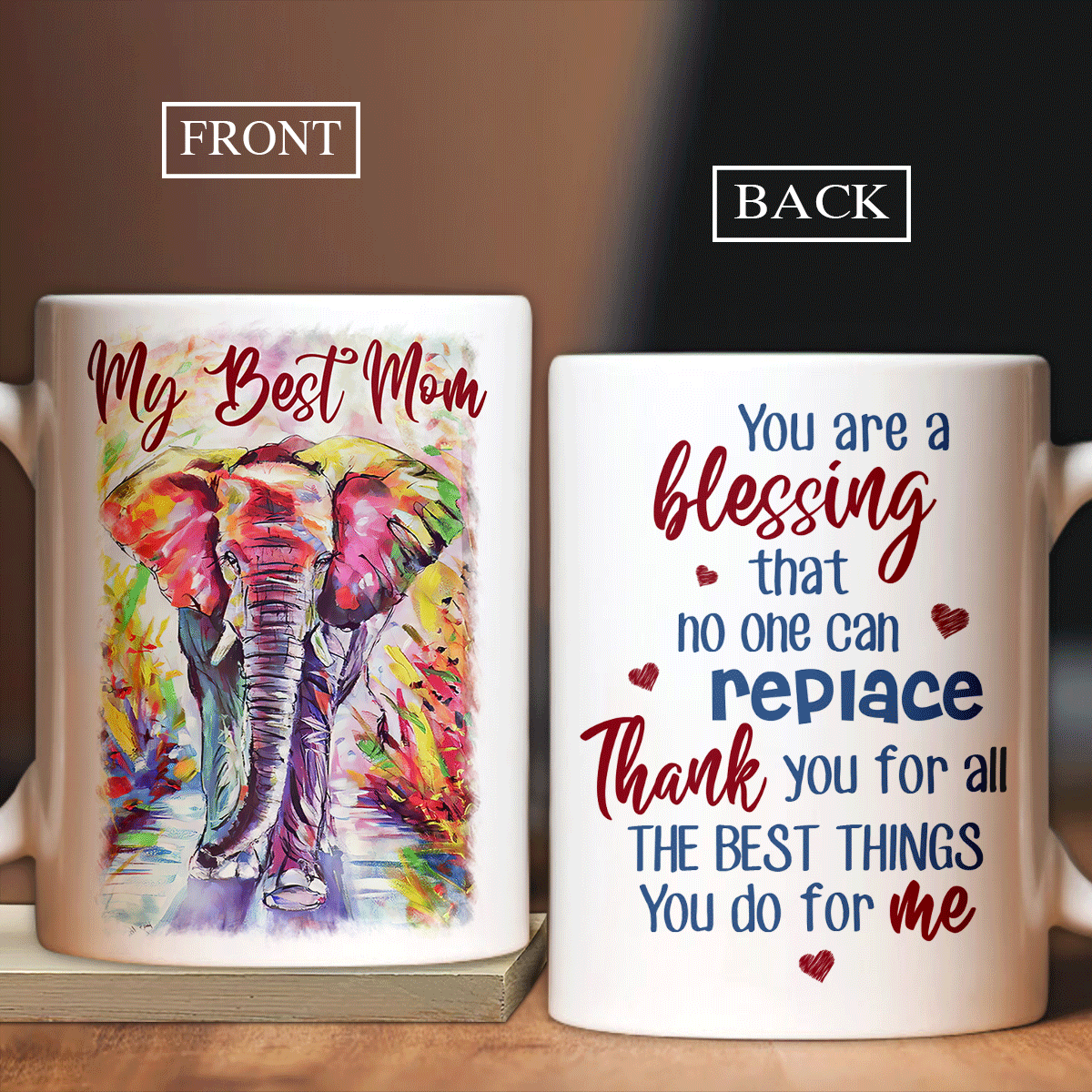 Family White Mug, Mother's Day Gifts, Perfect Gift For Mom, Mother from to Son, Daughter - Elephant drawing Mug, Thank you for all the best things Mug
