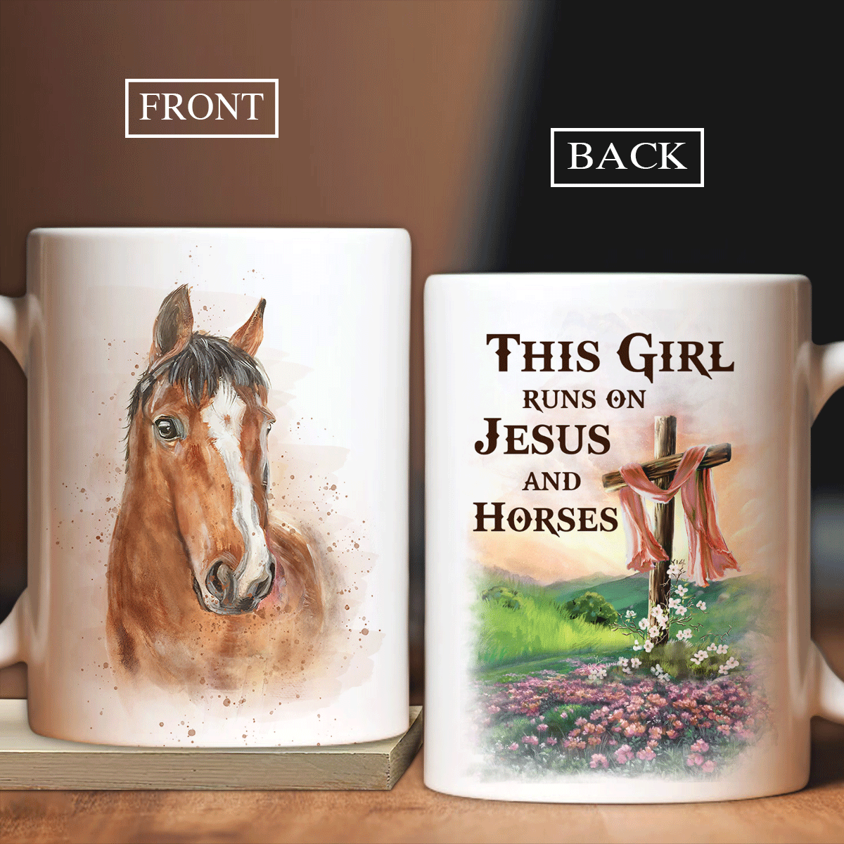 Jesus White Mug, Christian Mug Gift, Religious Tea Cup, Faith Mug - Horse And Wooden Cross Ceramic Coffee Mug, This Girl Runs On Jesus And Horses Mug