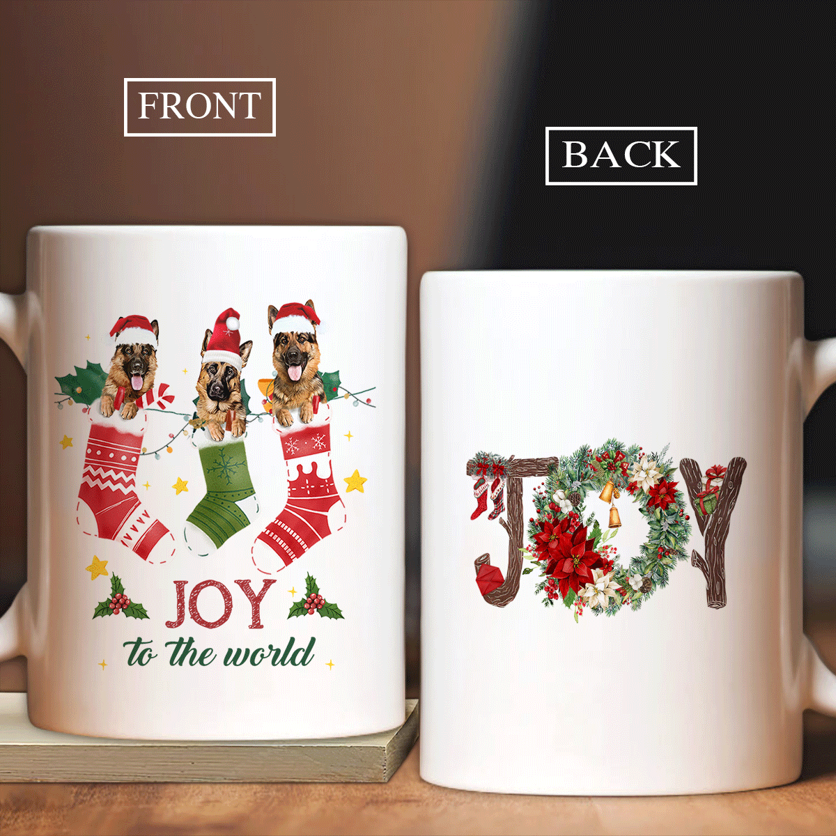 German Shepherd Dog White Mug - Perfect Gift For Dog Lover, Dog Mom, Dog Dad - Three German Shepherd Christmas Mug, Joy To The World Mug