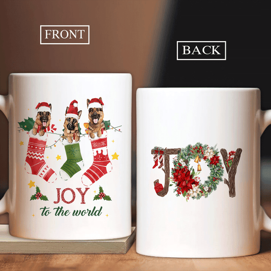 German Shepherd Dog White Mug - Perfect Gift For Dog Lover, Dog Mom, Dog Dad - Three German Shepherd Christmas Mug, Joy To The World Mug