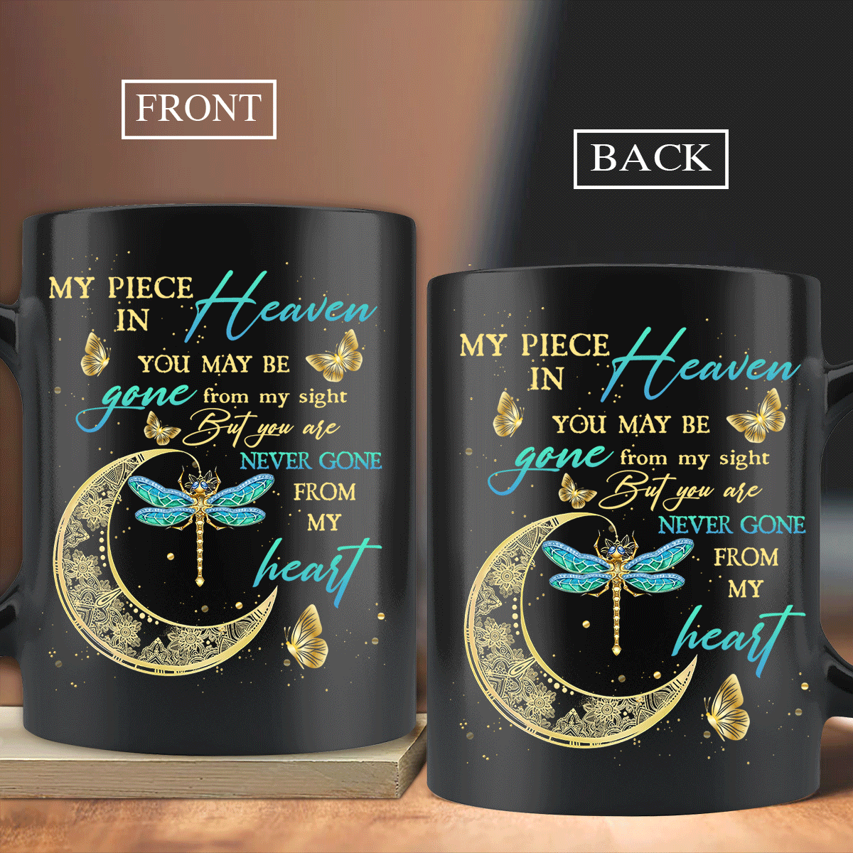 Memorial Black Mug, Sympathy Gift, Remembrance Gift, Heaven Black Mug - Golden Moon, Crystal Butterfly, You Are Never Gone From My Heart