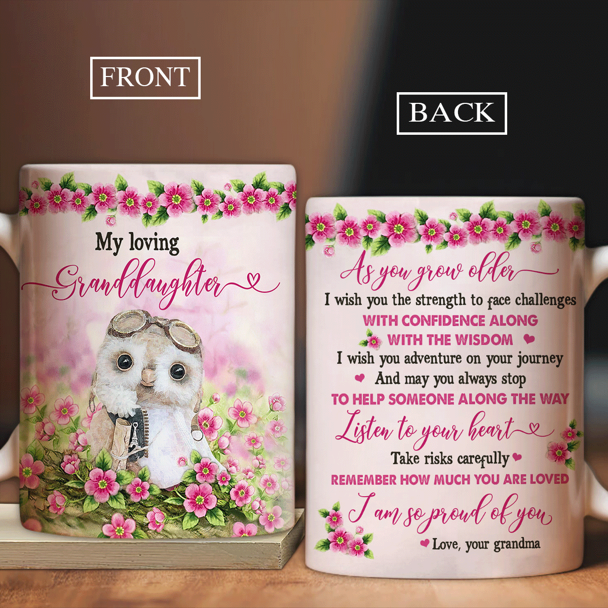 Granddaughter Mug, Family Aop Mug, Perfect Gift For Granddaughter From Grandma - Owl Drawing Coffee Mug, Pink Flower Mug, I'm So Proud Of You Mug